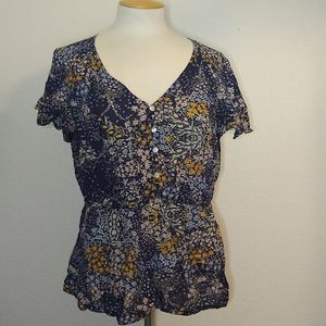 Market& spruce navy floral modal voile v neck blouse women's m GUC